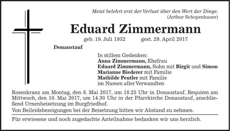 Traueranzeige Eduard Zimmermann