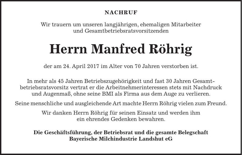 Traueranzeige Manfred Röhrig