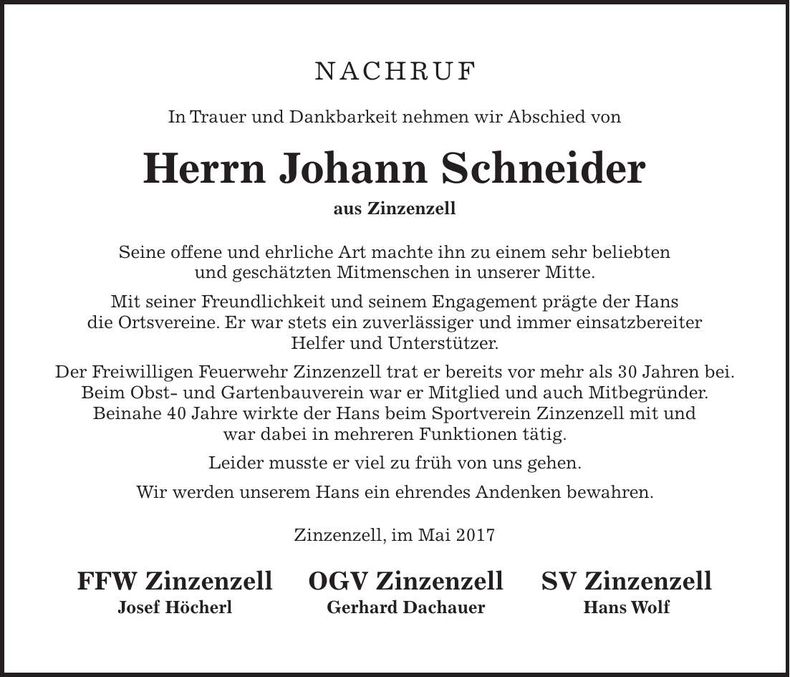 Traueranzeige Johann Schneider