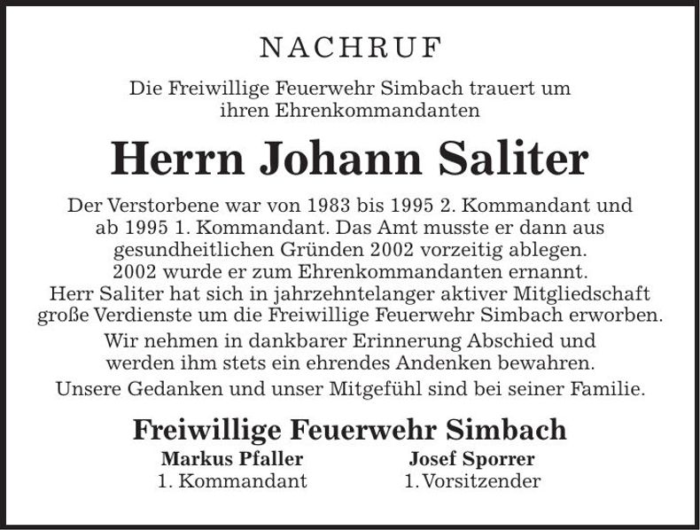 Traueranzeige Johann Saliter