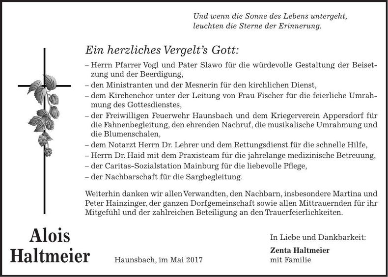 Traueranzeige Alois Haltmeier