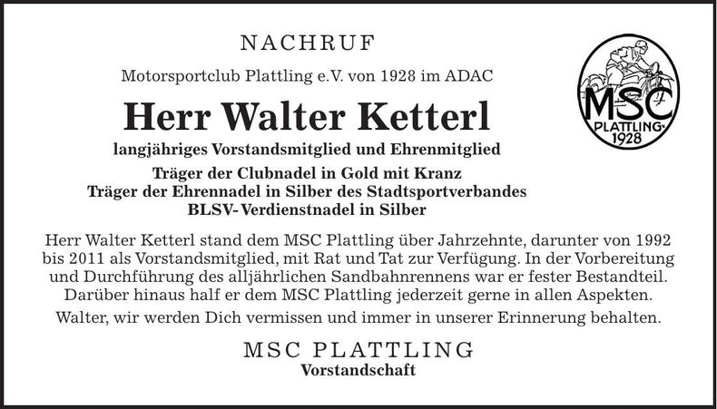 Traueranzeige Walter Ketterl