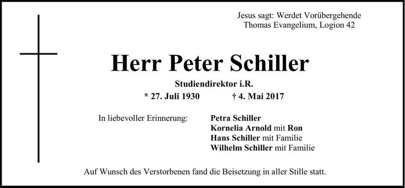 Traueranzeige Peter Schiller