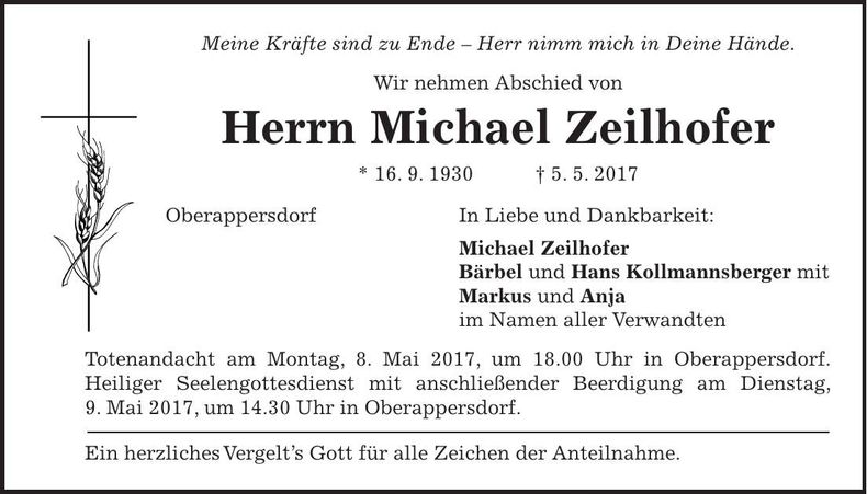 Traueranzeige Michael Zeilhofer