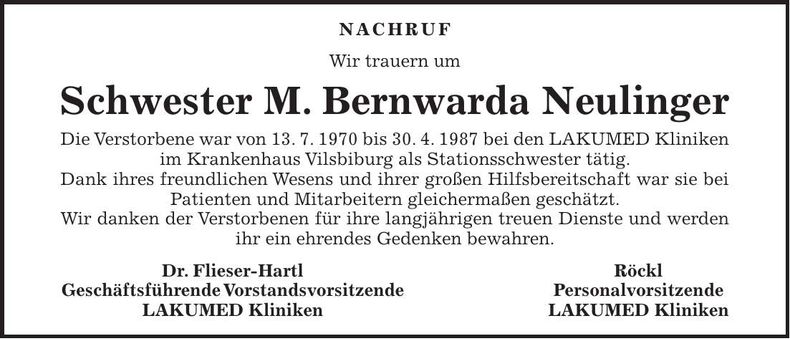 Traueranzeige Schwester M. Bernwarda Neulinger