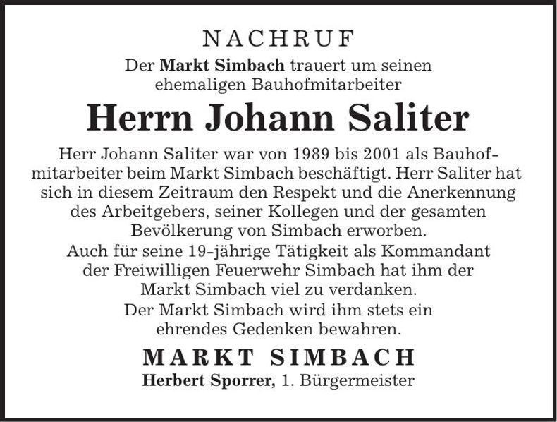 Traueranzeige Johann Saliter