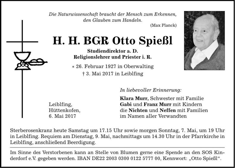 Traueranzeige Otto Spießl