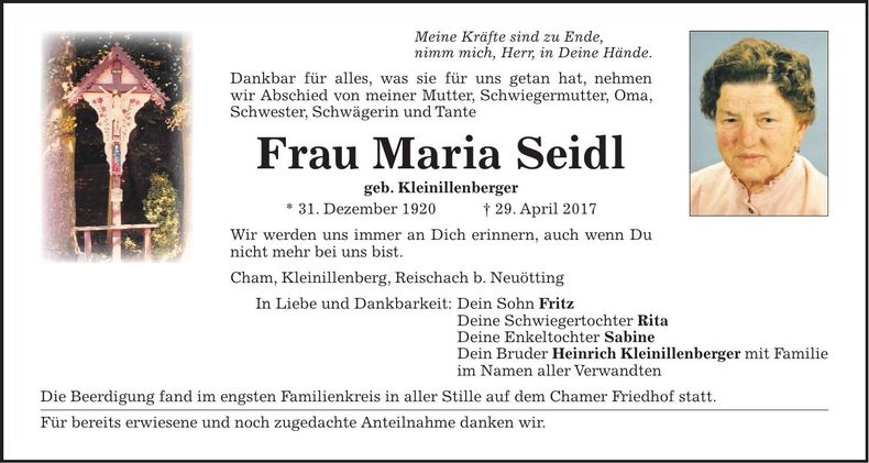 Traueranzeige Maria Seidl
