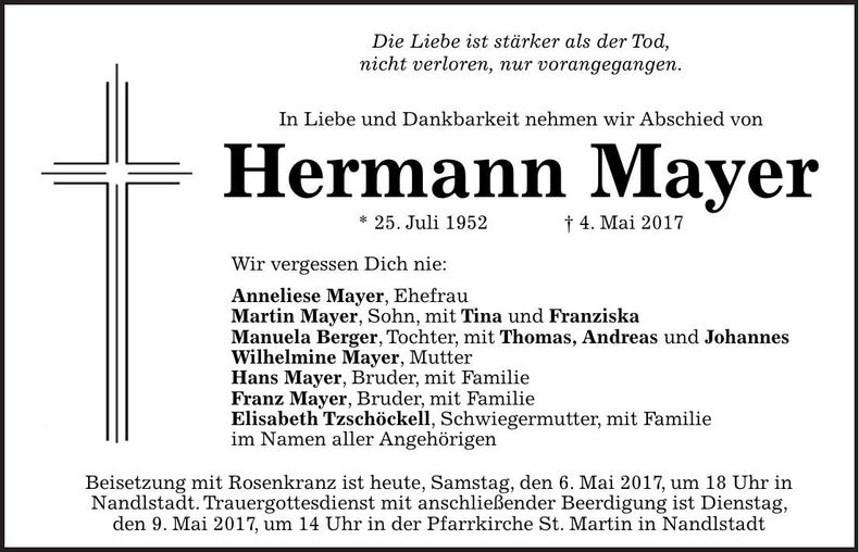 Traueranzeige Hermann Mayer
