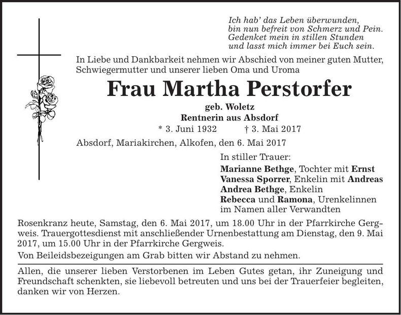 Traueranzeige Martha Perstorfer