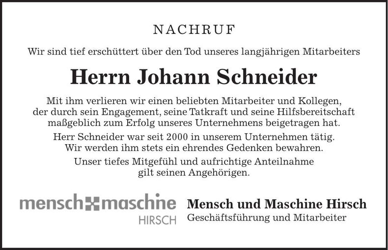 Traueranzeige Johann Schneider