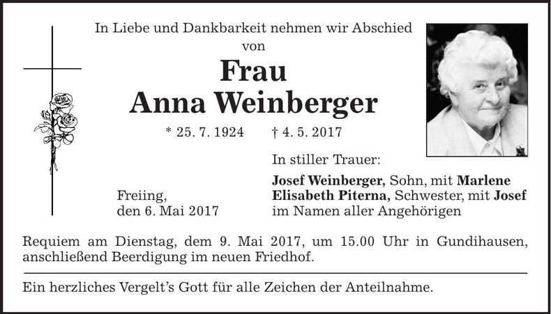 Traueranzeige Anna Weinberger