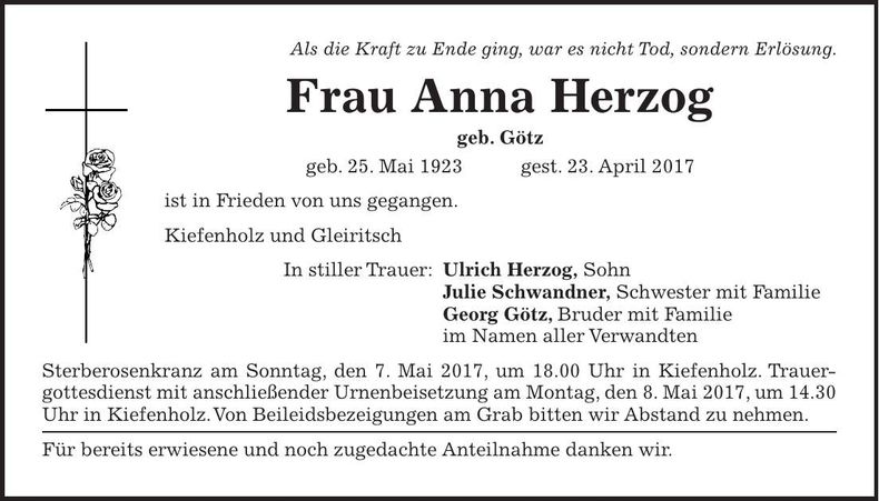 Traueranzeige Anna Herzog