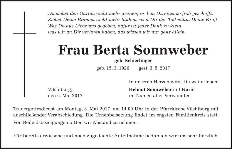 Traueranzeige Berta Sonnweber