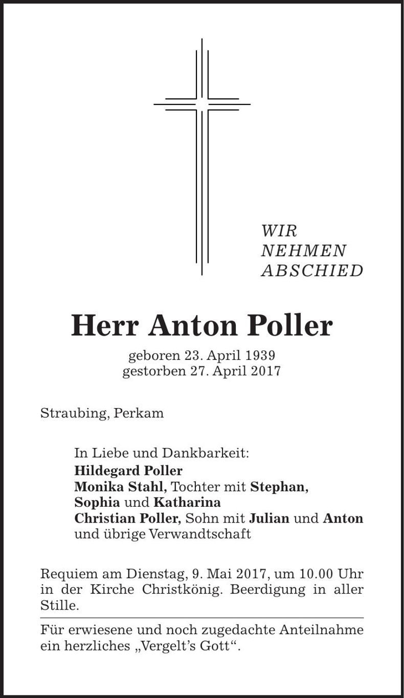 Traueranzeige Anton Poller
