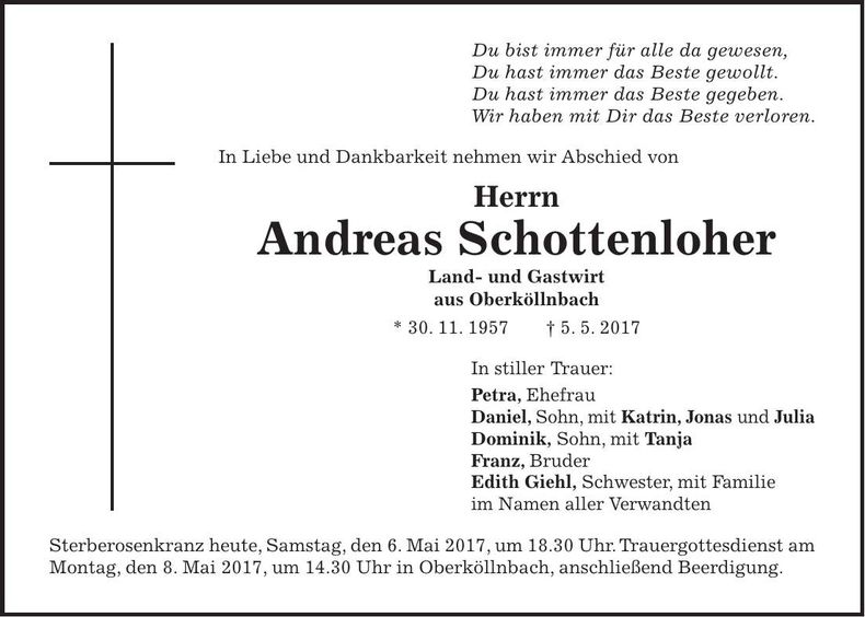 Traueranzeige Andreas Schottenloher