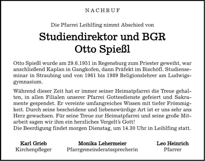 Traueranzeige Otto Spießl