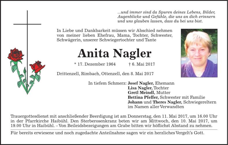 Traueranzeige Anita Nagler