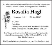 Traueranzeige Rosalia Hagl