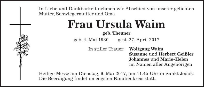 Traueranzeige Ursula Waim