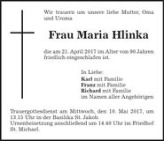 Traueranzeige Maria Hlinka
