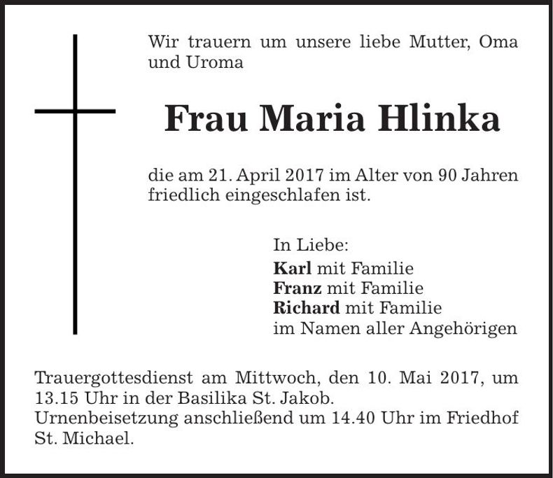 Traueranzeige Maria Hlinka