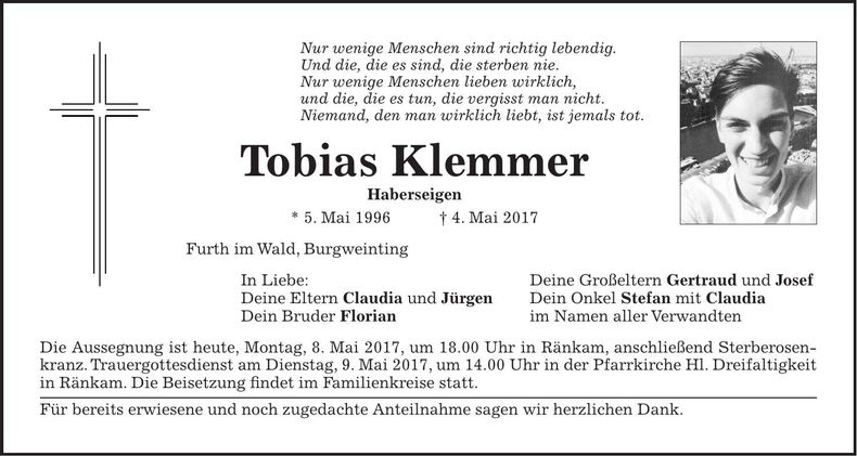 Traueranzeige Tobias Klemmer