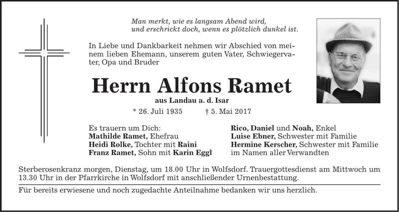 Traueranzeige Alfons Ramet