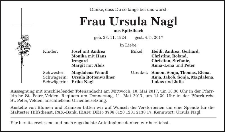 Traueranzeige Ursula Nagl