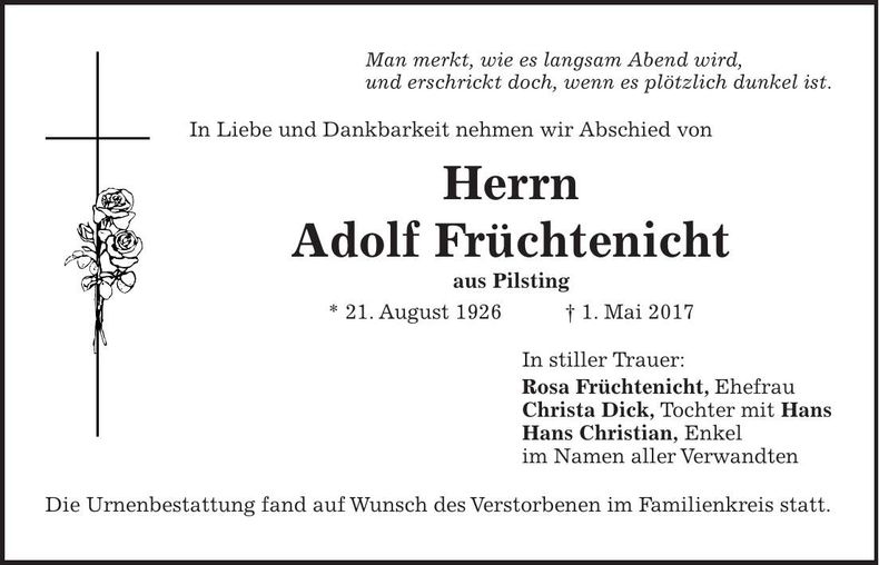 Traueranzeige Adolf Früchtenicht
