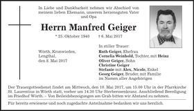 Traueranzeige Manfred Geiger