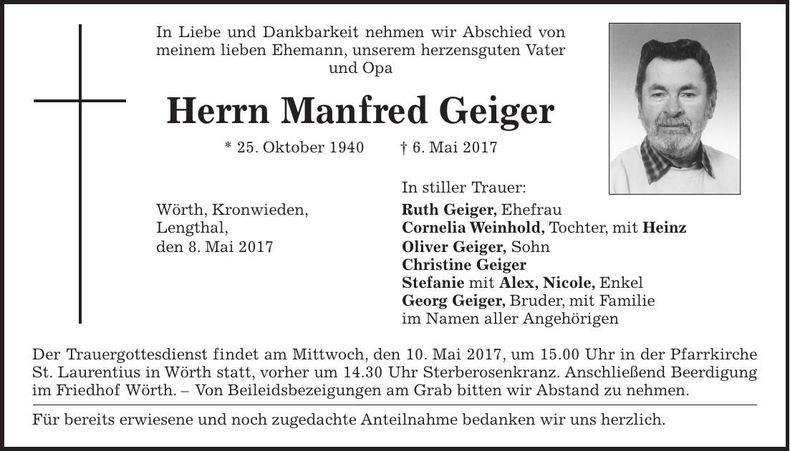 Traueranzeige Manfred Geiger
