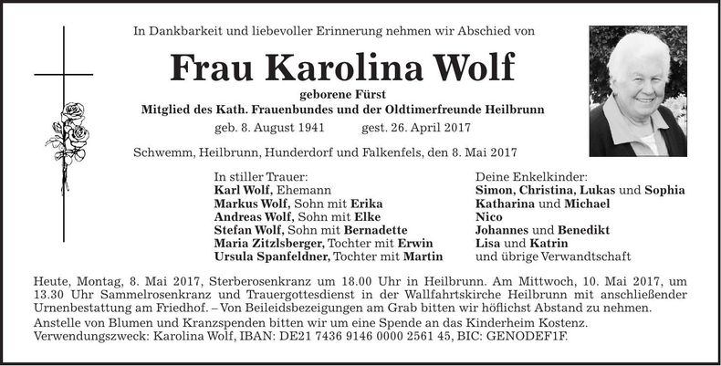 Traueranzeige Karolina Wolf