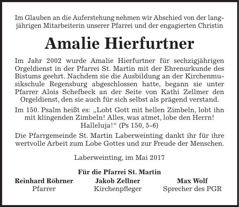 Traueranzeige Amalie Hierfurtner