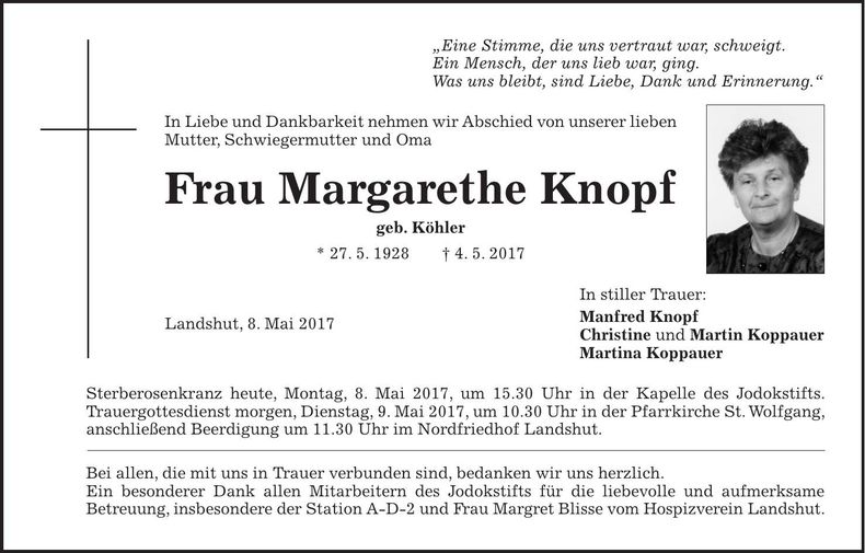 Traueranzeige Margarethe Knopf