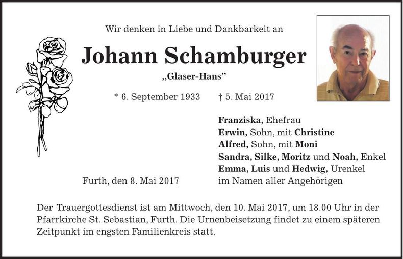 Traueranzeige Johann Schamburger
