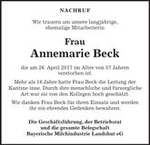 Traueranzeige Annemarie Beck