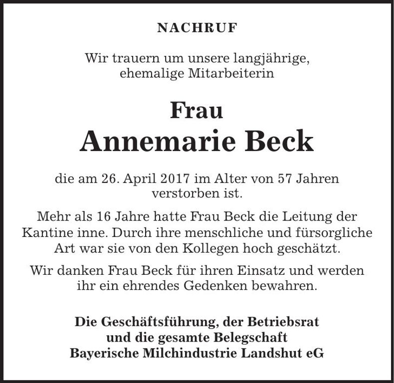 Traueranzeige Annemarie Beck