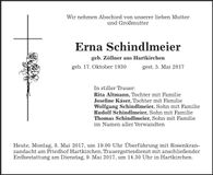 Traueranzeige Erna Schindlmeier