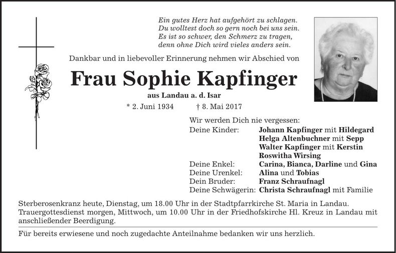 Traueranzeige Sophie Kapfinger