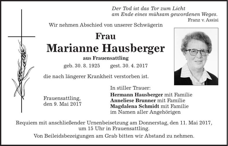 Traueranzeige Marianne Hausberger