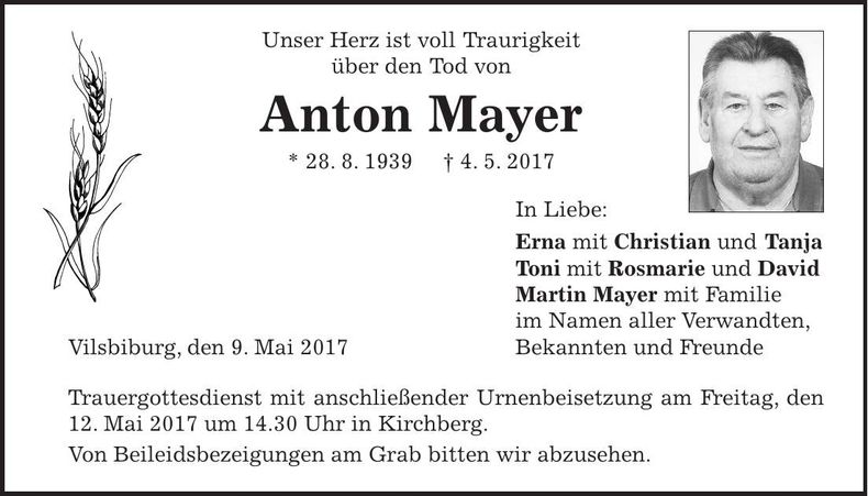 Traueranzeige Anton Mayer