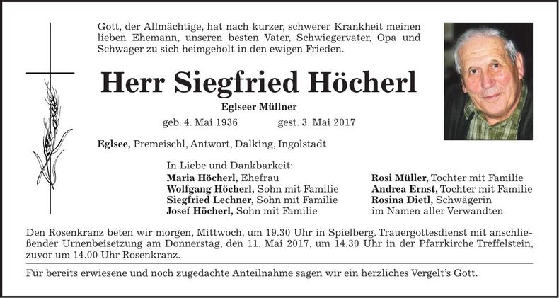 Traueranzeige Siegfried Höcherl