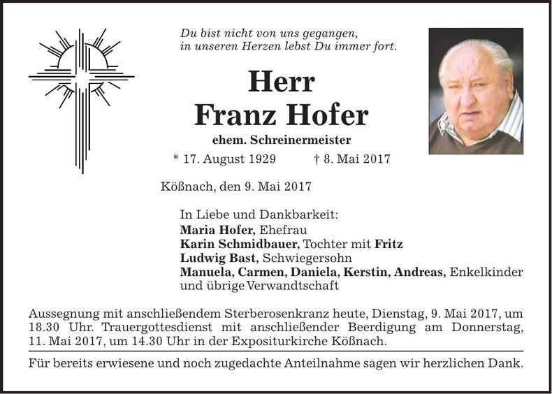 Traueranzeige Franz Hofer