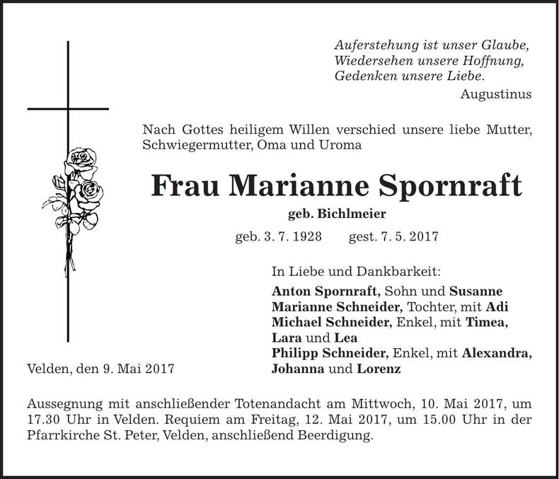 Traueranzeige Marianne Spornraft