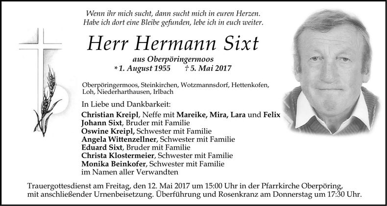 Traueranzeige Hermann Sixt
