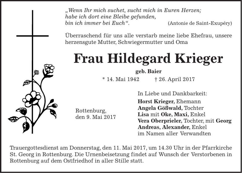 Traueranzeige Hildegard Krieger