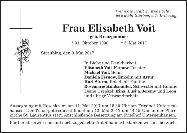 Traueranzeige Elisabeth Voit