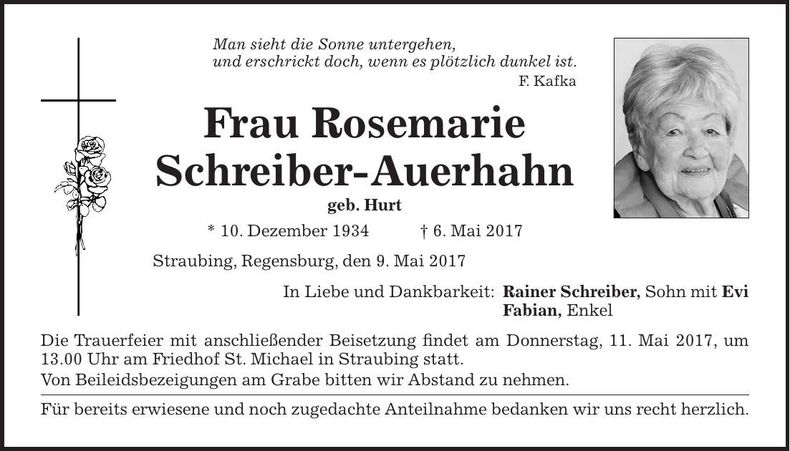 Traueranzeige Rosemarie Schreiber-Auerhahn