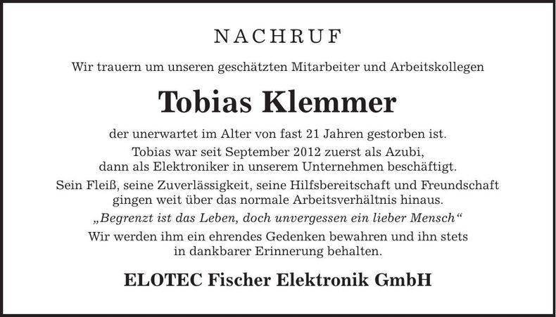 Traueranzeige Tobias Klemmer